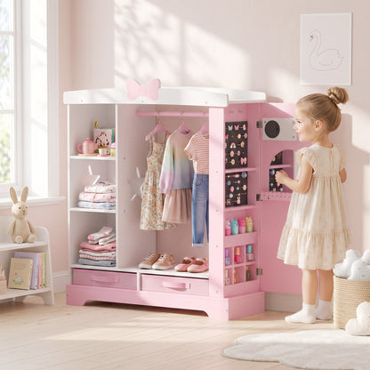 Kids Wardrobe, Children Dress Up Storage with Lighted Mirror, Pink