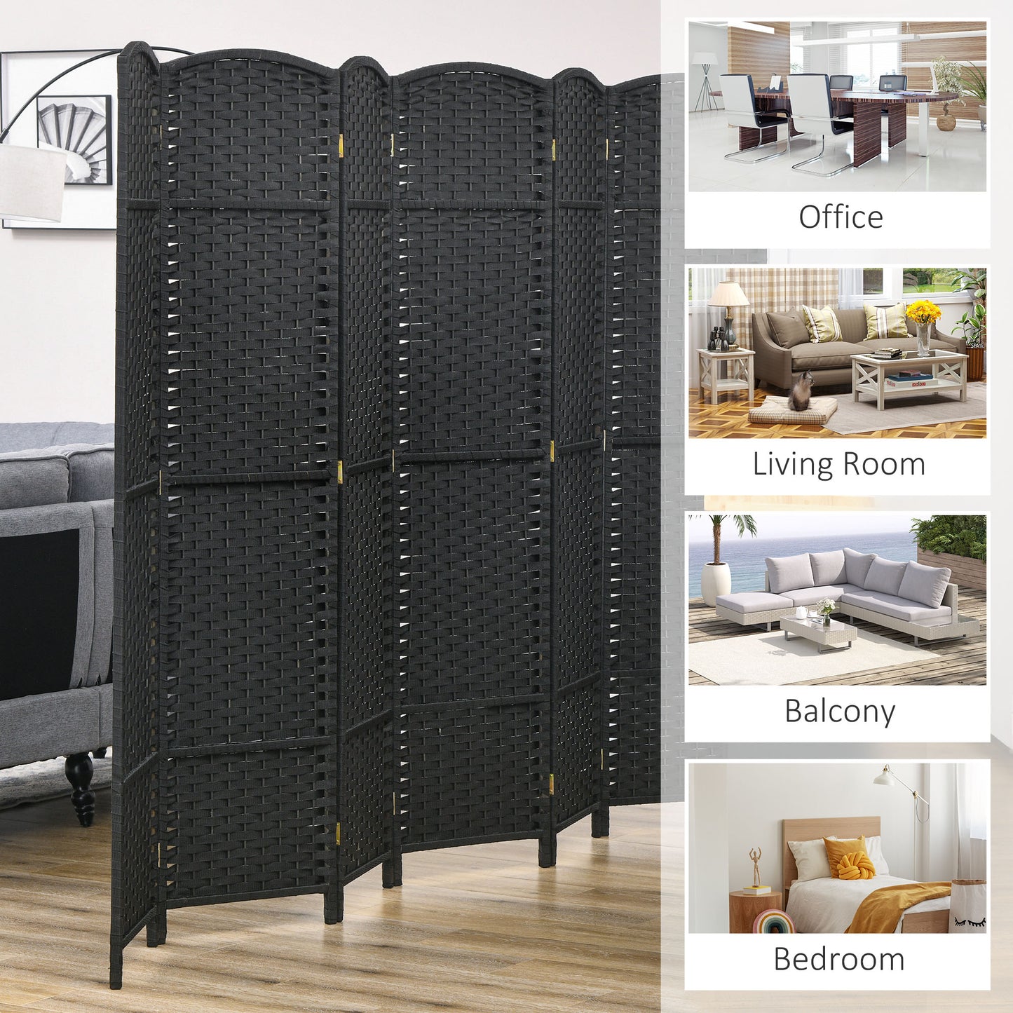 6 Panel Folding Room Divider, Privacy Screen, 240 x 170cm, Black