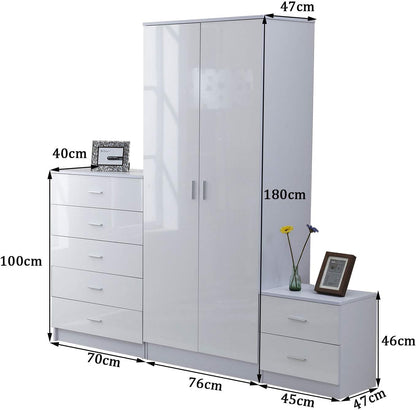 High Gloss 3 Piece Trio Bedroom Furniture Set Wardrobe + Chest Of Drawer + Bedside White