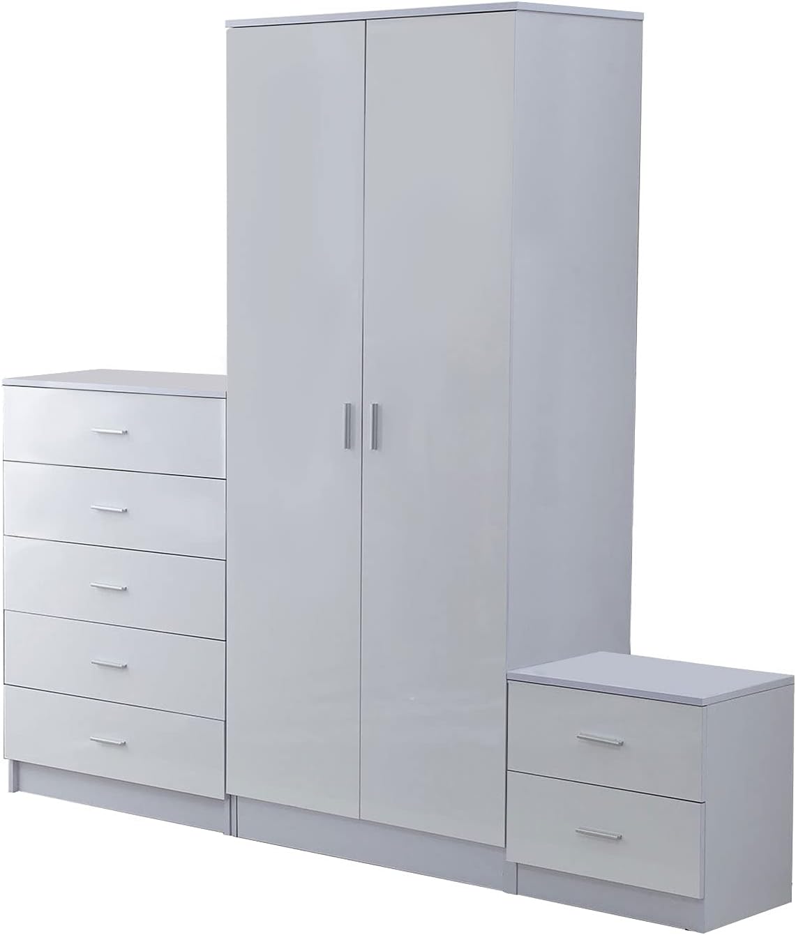 High Gloss 3 Piece Trio Bedroom Furniture Set Wardrobe + Chest Of Drawer + Bedside White