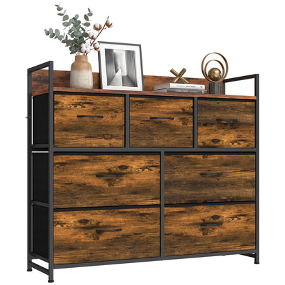 7-Drawer Fabric Chest with Raised-Edge Top Shelf - Rustic Brown & Black