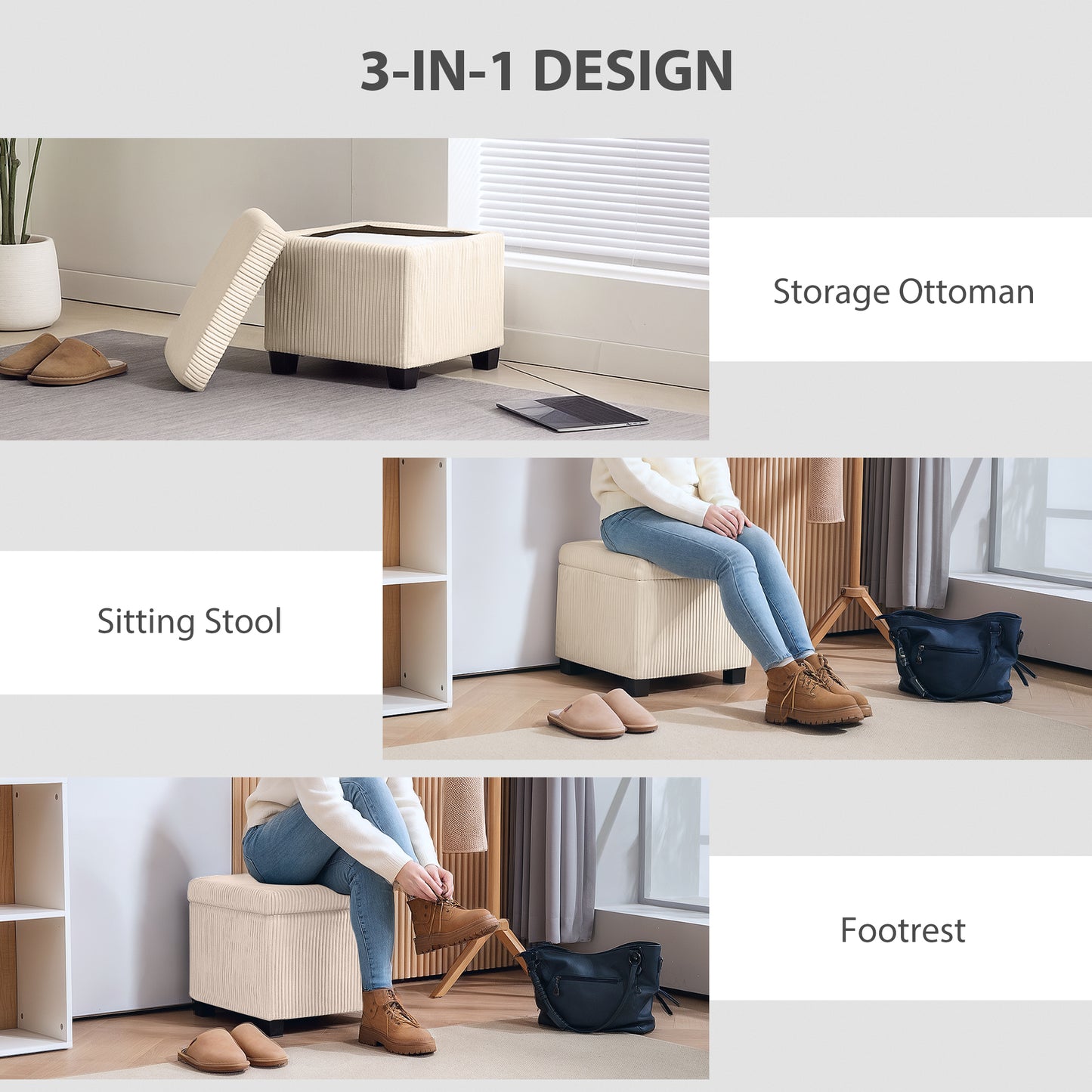 40 cm Ottoman Storage Box with Removable Lid, Foot Rest, Beige