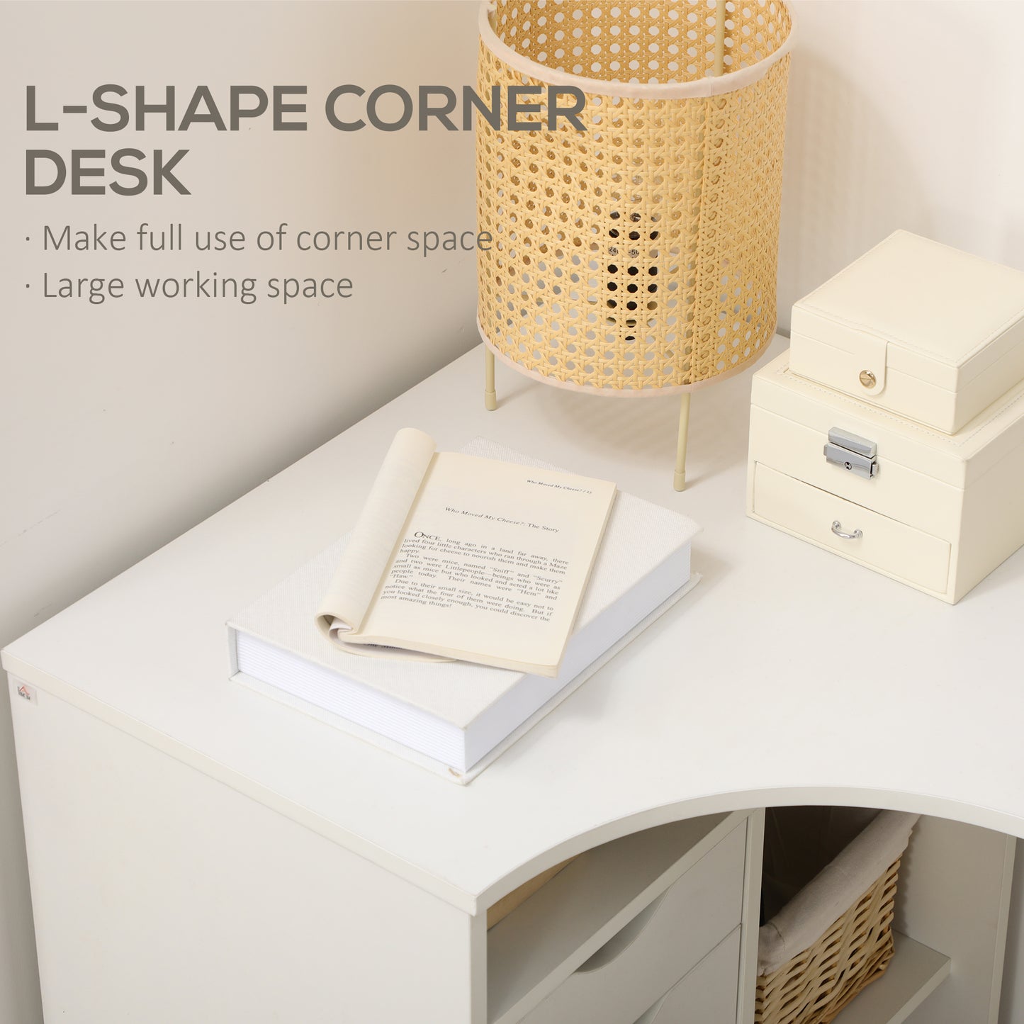 L-Shaped Corner Computer Desk Study Table w/ Storage Shelf - White