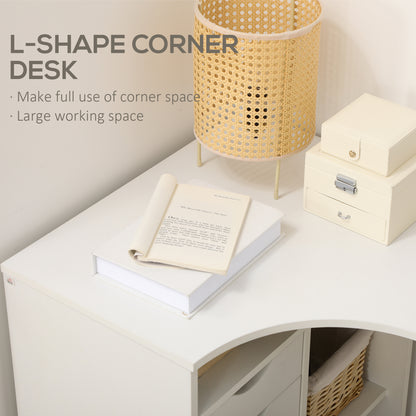 L-Shaped Corner Computer Desk Study Table w/ Storage Shelf - White
