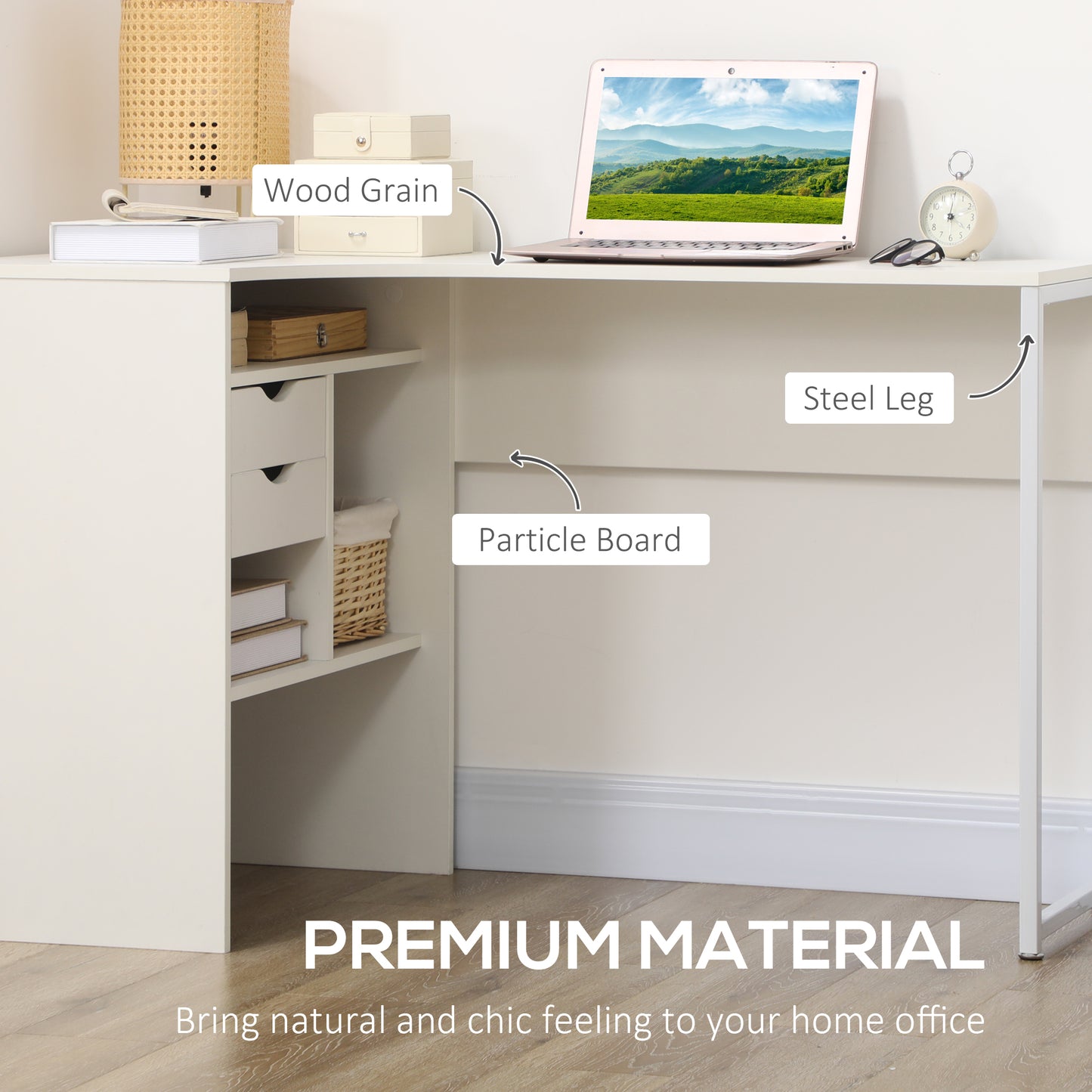 L-Shaped Corner Computer Desk Study Table w/ Storage Shelf - White