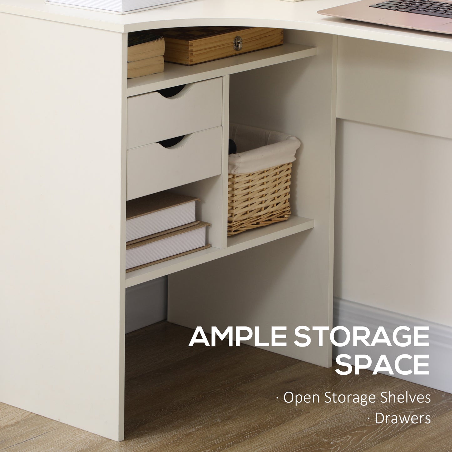 L-Shaped Corner Computer Desk Study Table w/ Storage Shelf - White