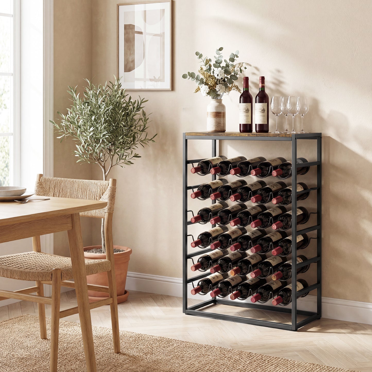30 Bottles Wine Rack, 6 Tier Wine Storage Holder, Rustic Brown