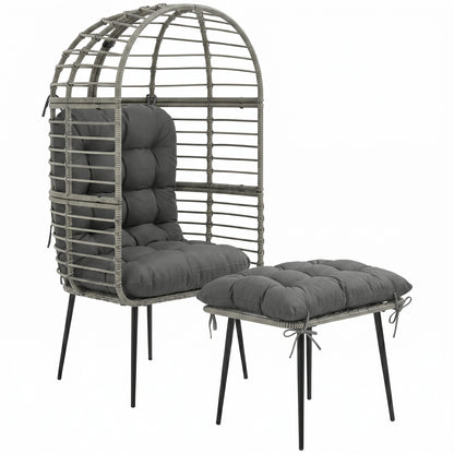 Standing Garden Egg Chair with Footstool, PE Rattan Outdoor Lounge Chair and Ottoman Set with Thick Cushions, Indoor Outdoor Egg Basket Seating for Patio Balcony Porch, Light Grey