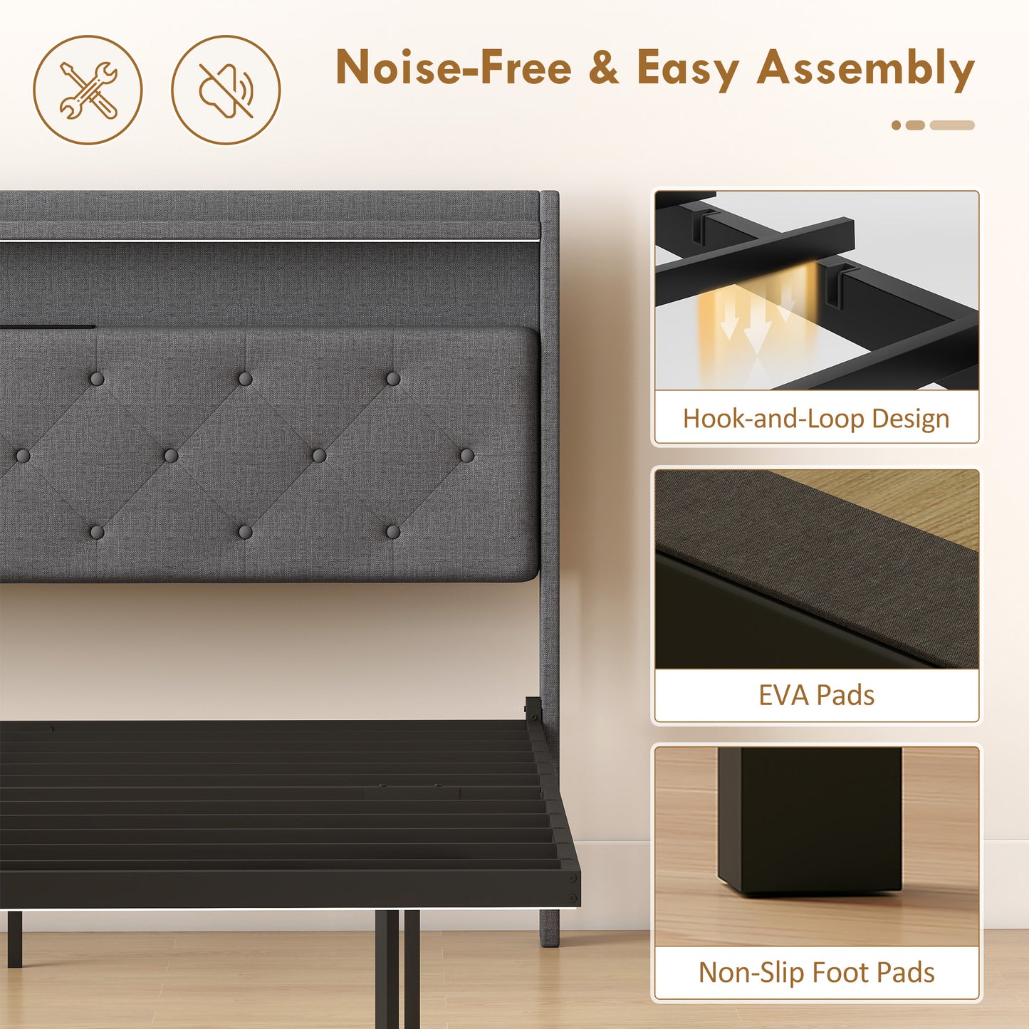 Floating Bed Frame with RGB Lights, Upholstered Double Size Bed, Grey