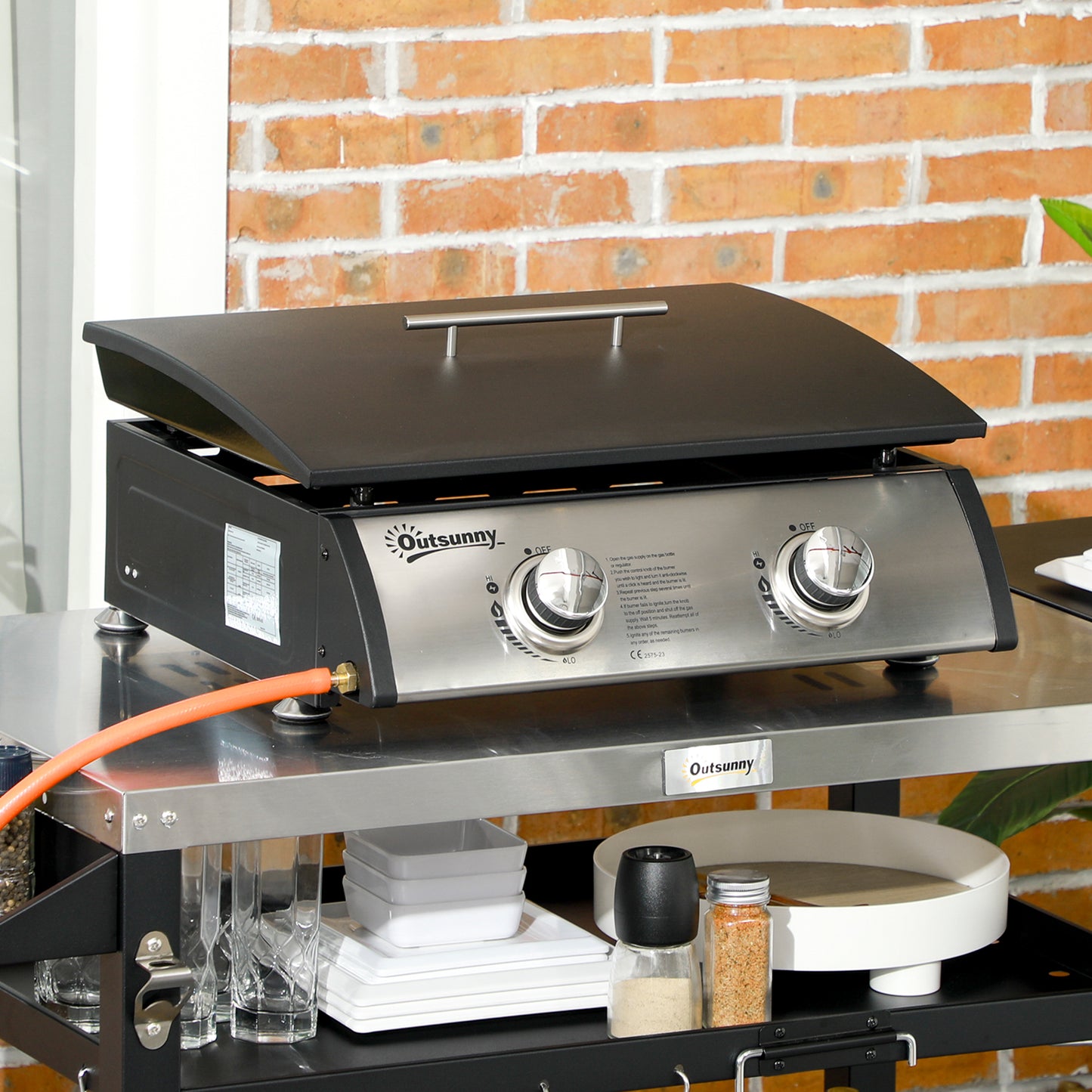 Portable Tabletop Gas Plancha Grill w/ 2 Stainless Steel Burner, 10kW, Non-Stick Griddle for BBQ Camping Picnic Party