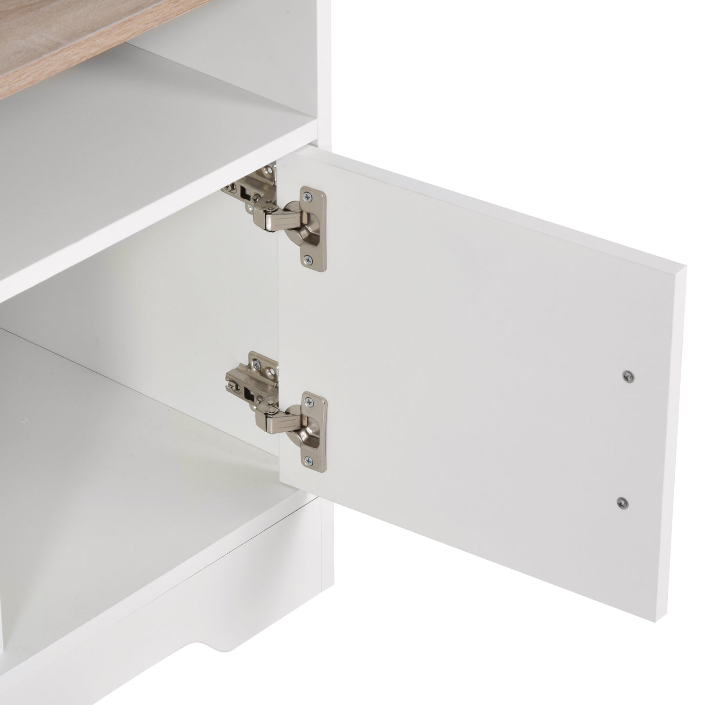 TV Stand for TVs up to 42 Inches with Cabinets, Shelves and Wide Tabletop for Living Room, Bedroom, Dining Room, White and Wood Color