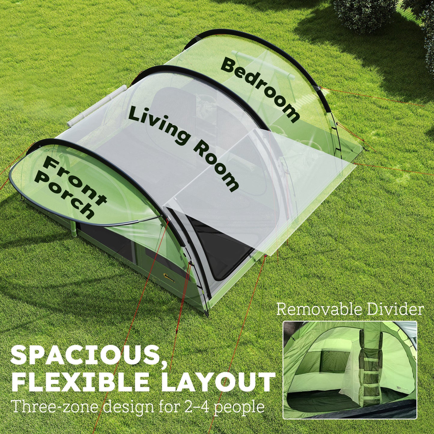 4 Person Easy Setup Family Camping Tent with 2 Rooms, Waterproof Tunnel Tent w/ Sewn In Groundsheet, Doors, Windows, Storage Pockets and Carrying Bag, Green & Grey