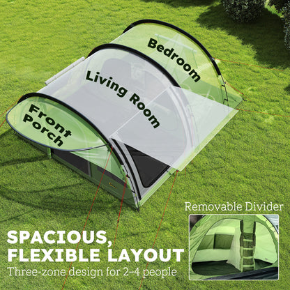 4 Person Easy Setup Family Camping Tent with 2 Rooms, Waterproof Tunnel Tent w/ Sewn In Groundsheet, Doors, Windows, Storage Pockets and Carrying Bag, Green & Grey