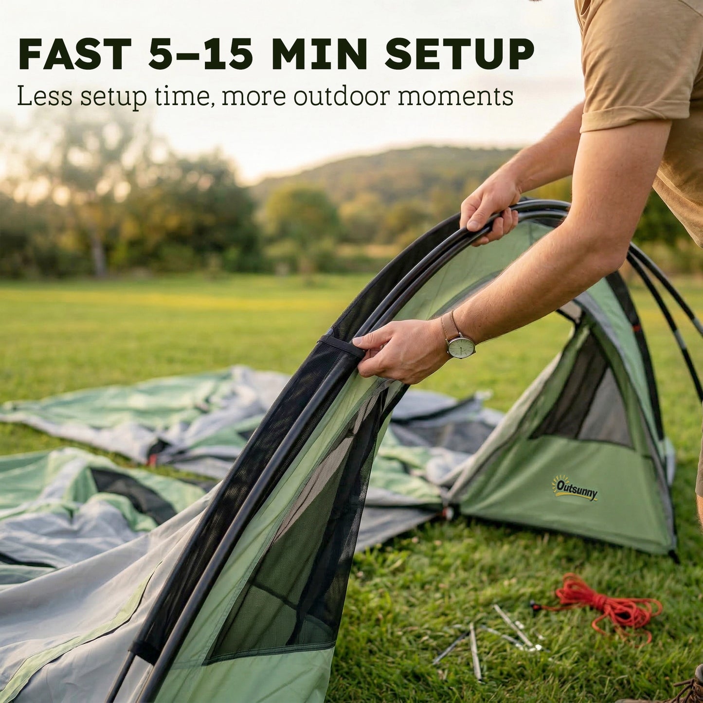 4 Person Easy Setup Family Camping Tent with 2 Rooms, Waterproof Tunnel Tent w/ Sewn In Groundsheet, Doors, Windows, Storage Pockets and Carrying Bag, Green & Grey