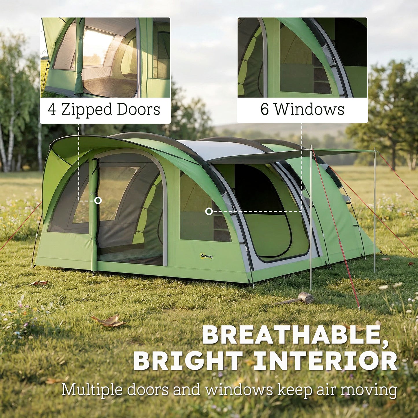 4 Person Easy Setup Family Camping Tent with 2 Rooms, Waterproof Tunnel Tent w/ Sewn In Groundsheet, Doors, Windows, Storage Pockets and Carrying Bag, Green & Grey