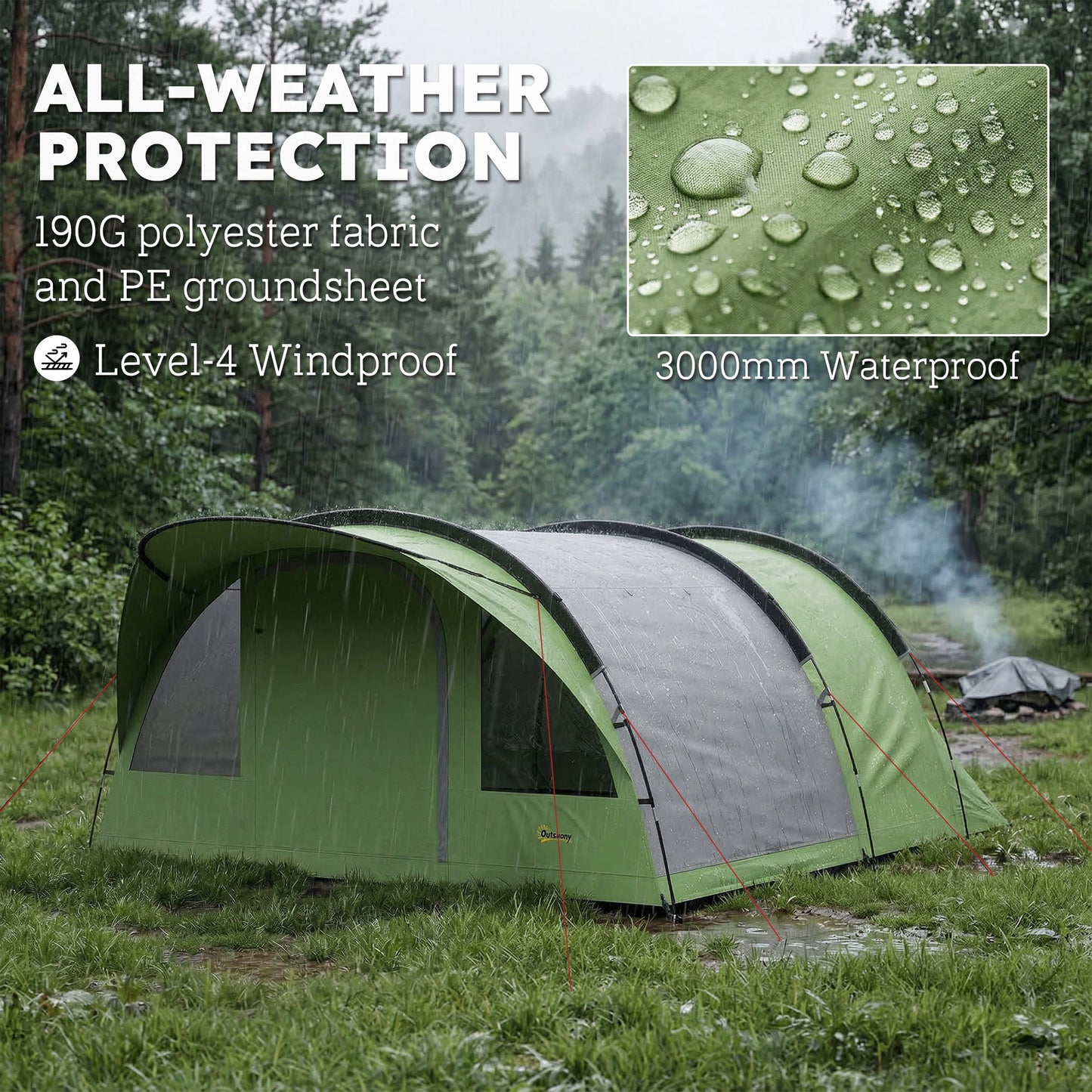 4 Person Easy Setup Family Camping Tent with 2 Rooms, Waterproof Tunnel Tent w/ Sewn In Groundsheet, Doors, Windows, Storage Pockets and Carrying Bag, Green & Grey