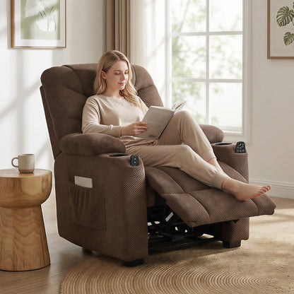 Electric Massage Recliner Armchair with Vibration, Heat, Whisper-Quiet Motor, Memory Function, Fleece Power Reclining Chair with Spring Pack, USB Port, Footrest, Side Pocket, Cup Holders, Brown