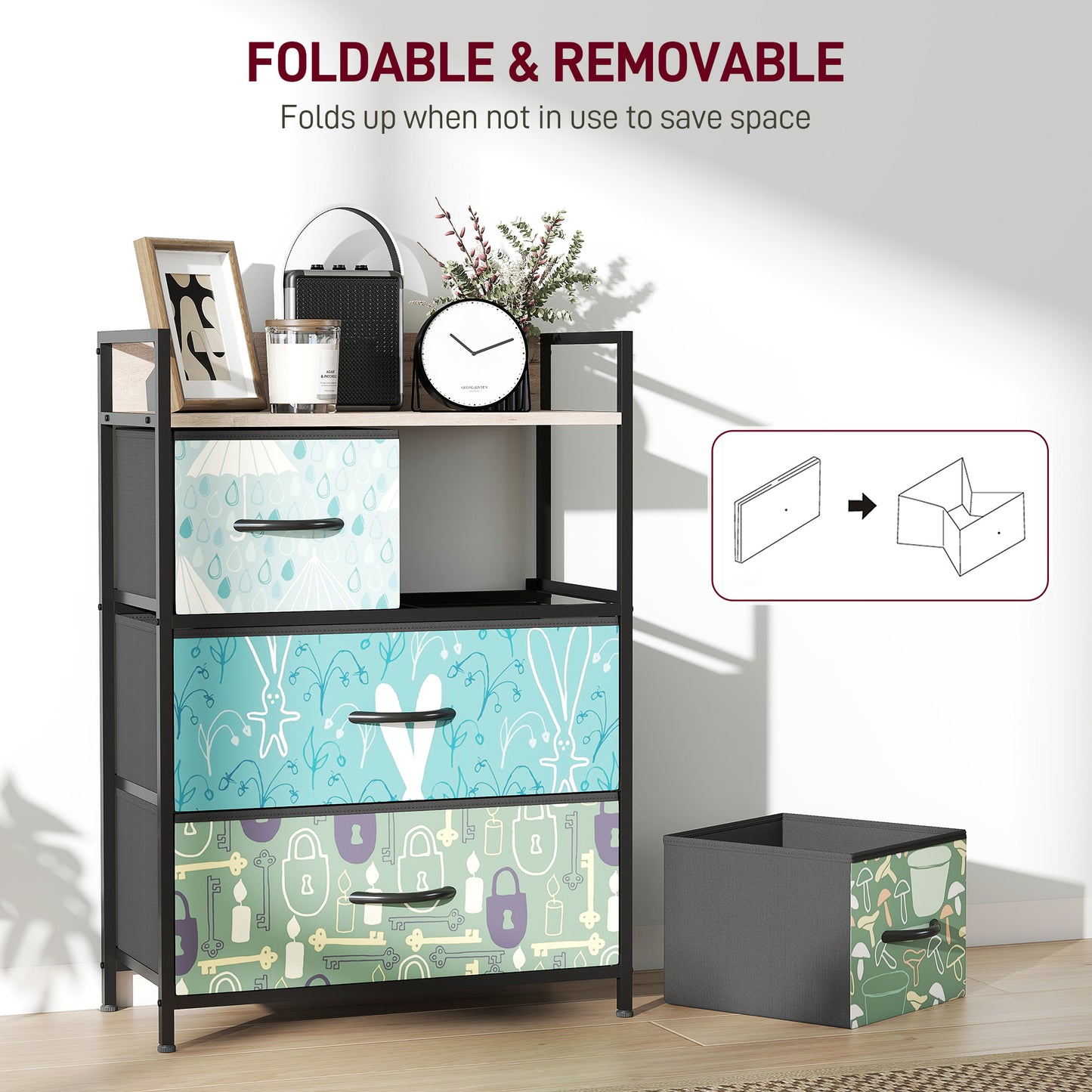 4-Drawer Chest of Drawers, Fabric Dresser with Open Shelf, Blue