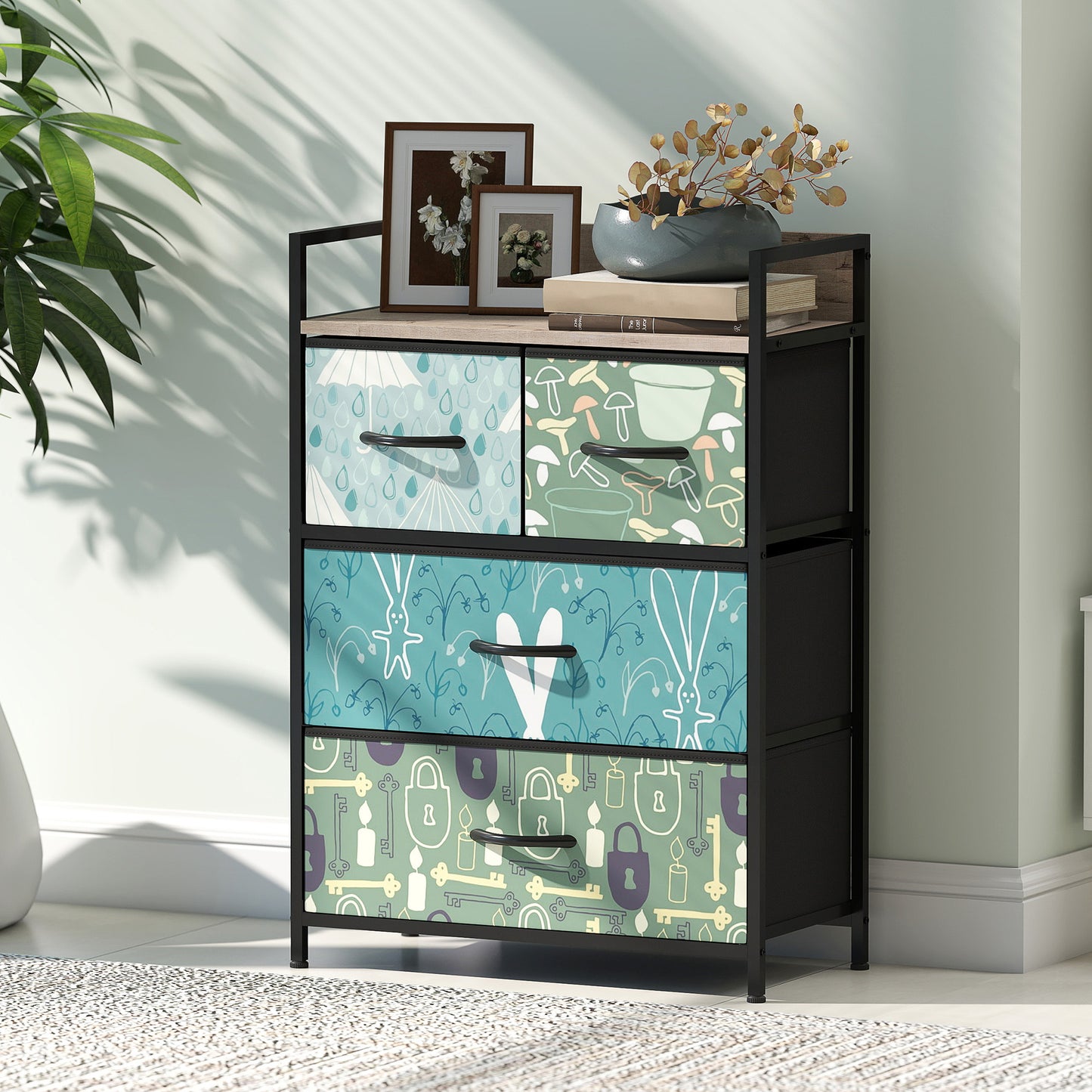4-Drawer Chest of Drawers, Fabric Dresser with Open Shelf, Blue