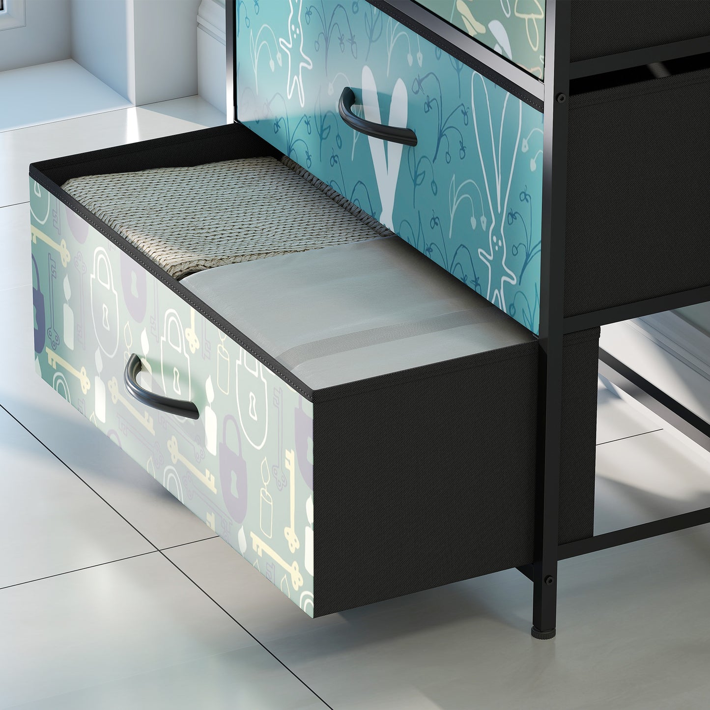 4-Drawer Chest of Drawers, Fabric Dresser with Open Shelf, Blue