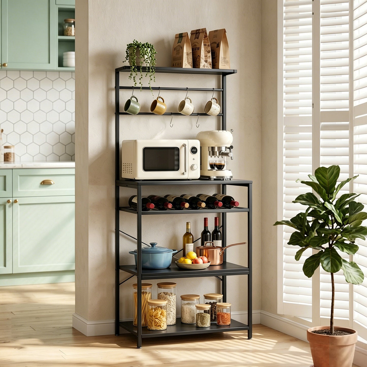 Freestanding Shelving Unit with 6 Hooks and Wine Rack, Black