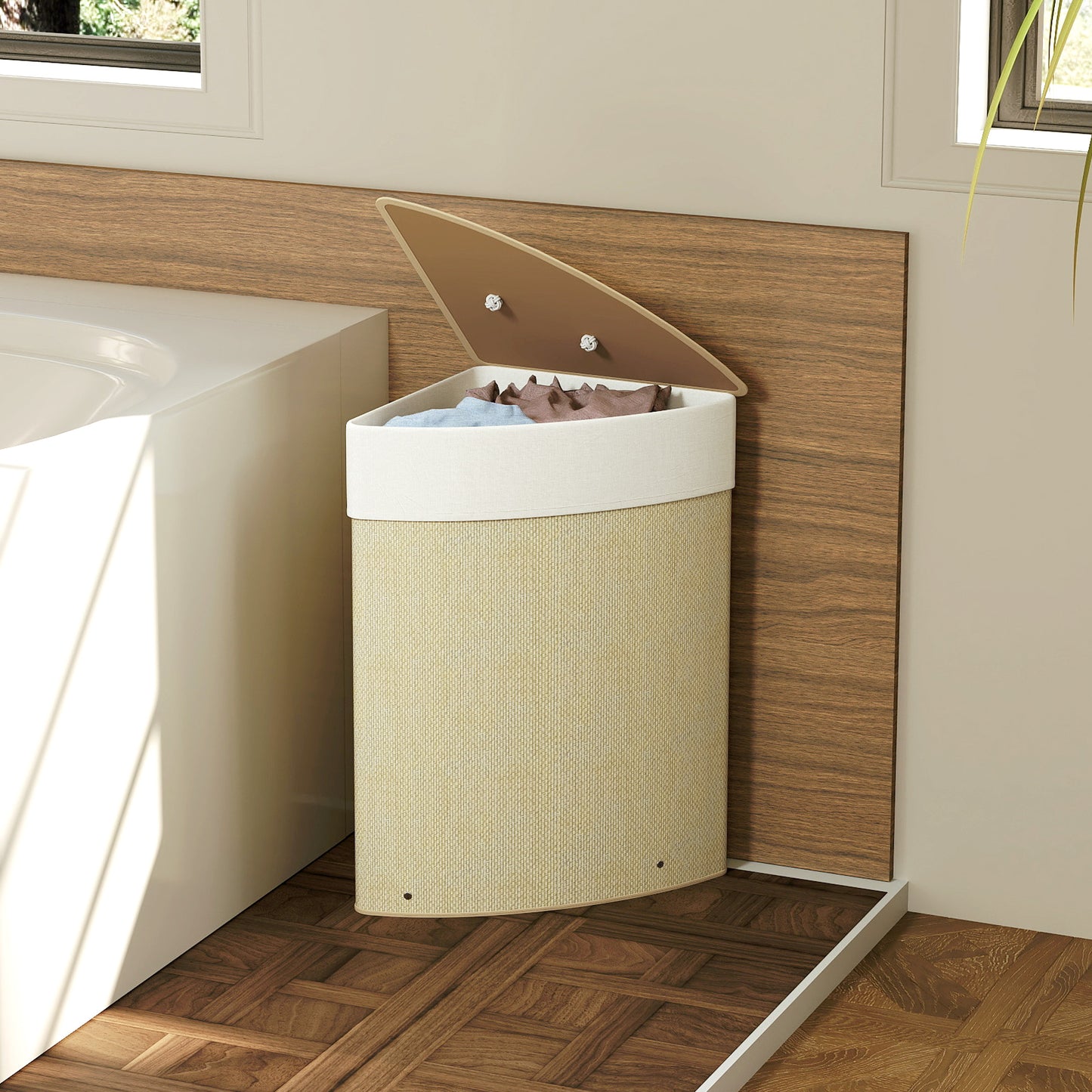 55L Laundry Hamper with Removable Washable Liner Bag, Nature Wood Finish