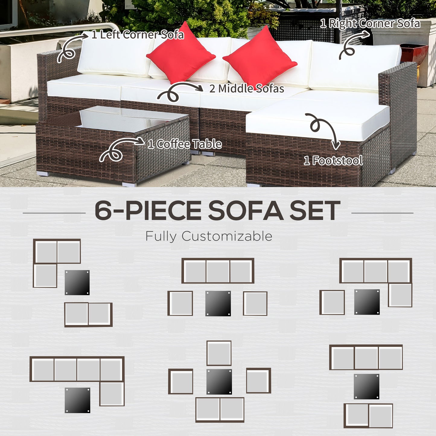 6 Pieces Rattan Furniture Set Garden Sofa Conservatory Wicker Brown