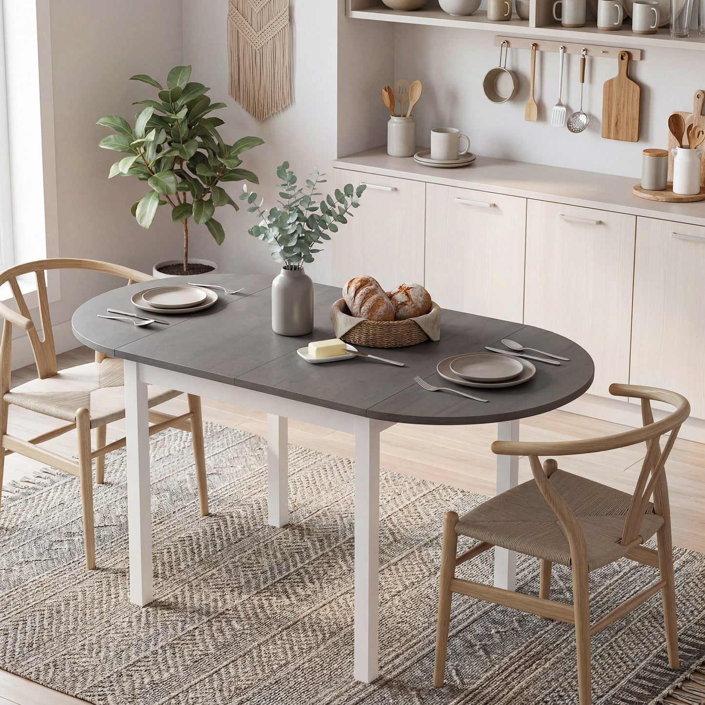 Folding Dining Table for 4-6 People, 140 cm Oval Solid Wood Drop Leaf Table, Kitchen Table for Small Spaces, Dining Room, Living Room, Grey