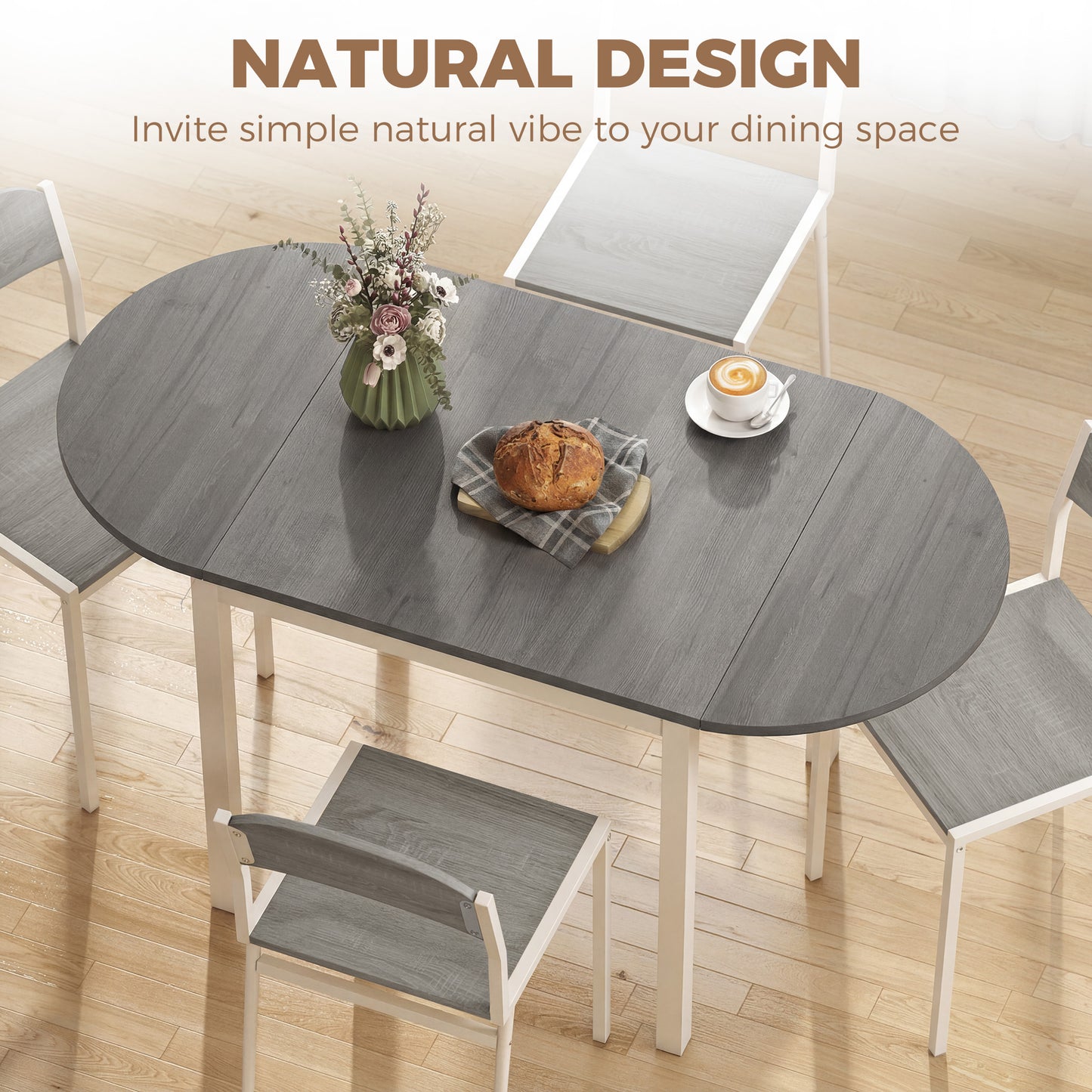 Folding Dining Table for 4-6 People, 140 cm Oval Solid Wood Drop Leaf Table, Kitchen Table for Small Spaces, Dining Room, Living Room, Grey