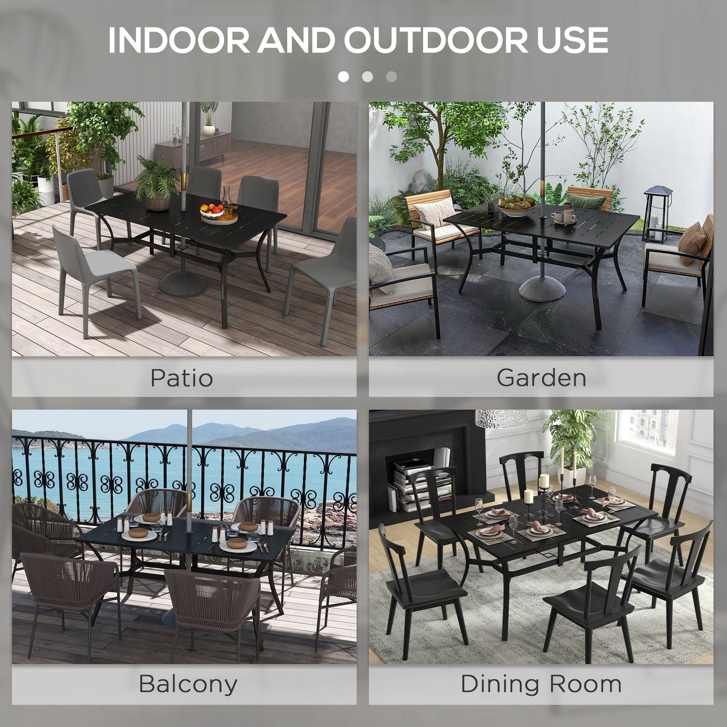 Rectangle Garden Dining Table with Parasol Hole, Patio Table with Steel Frame and Slat Tabletop, 150cm x 90cm, Black