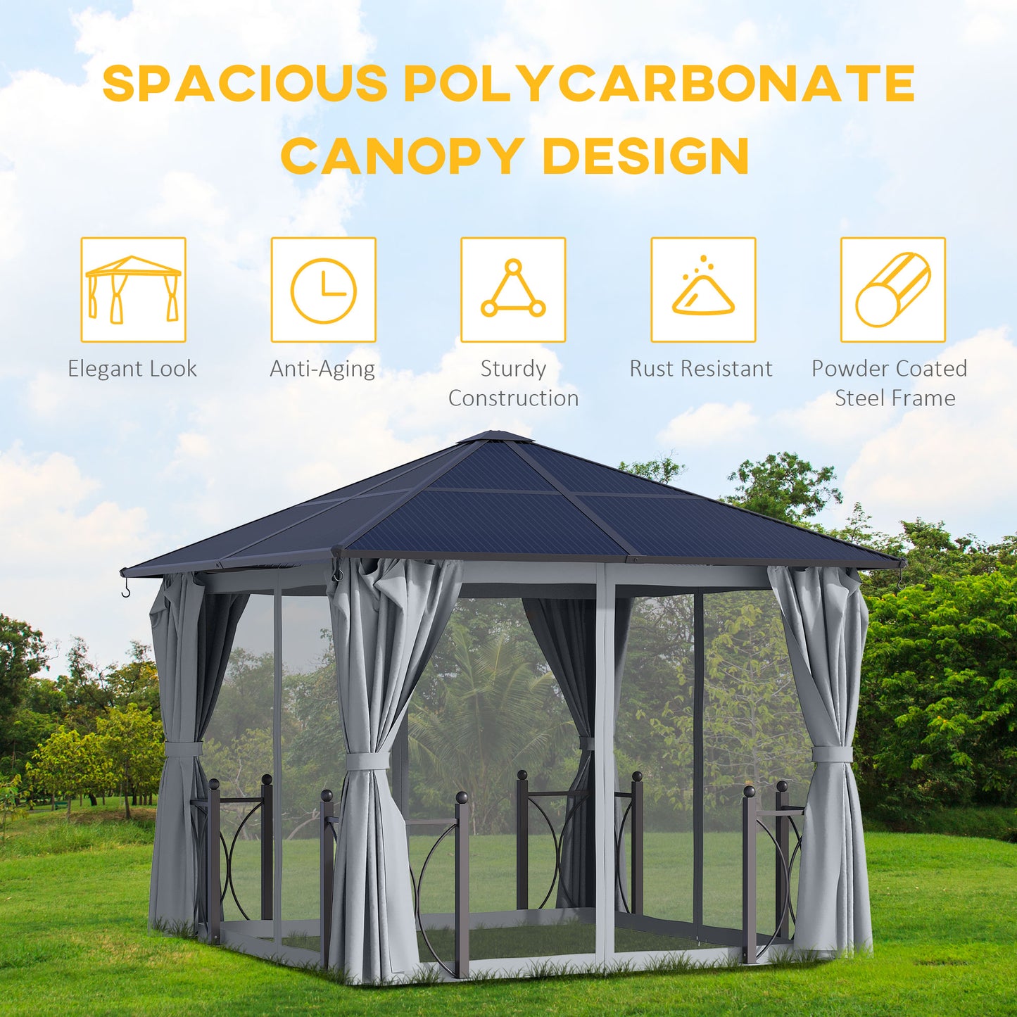 3x3(m) Hardtop Gazebo with Polycarbonate Roof, Netting and Curtains