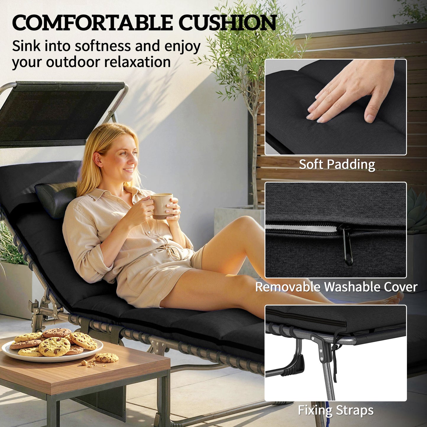 Folding Sun Loungers Set of 2, Sun Bed with Canopy, Black