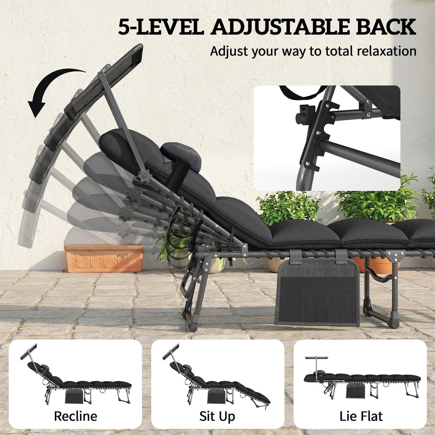 Folding Sun Loungers Set of 2, Sun Bed with Canopy, Black