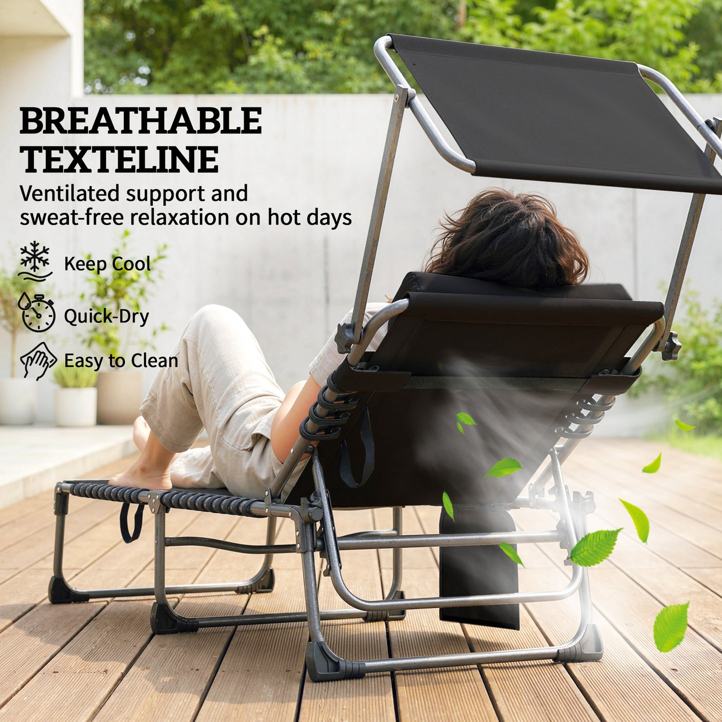 Folding Sun Loungers Set of 2, Sun Bed with Canopy, Black