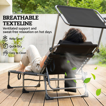 Folding Sun Loungers Set of 2, Sun Bed with Canopy, Black