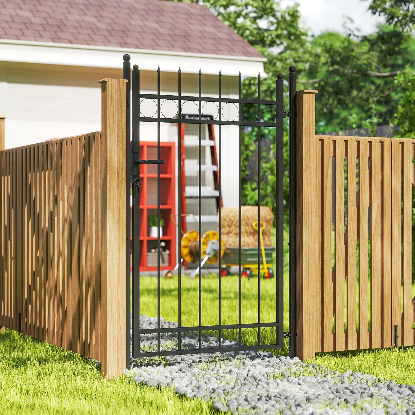 Galvanised Steel Garden Fence Gate Security Barrier with Lock, Keys