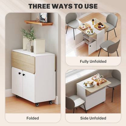Folding Dining Table, Rolling Drop Leaf Table with Hidden Shelf