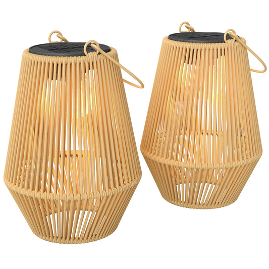Rattan Hanging Solar Lights Outdoor Garden Lantern Set of 2, Brown