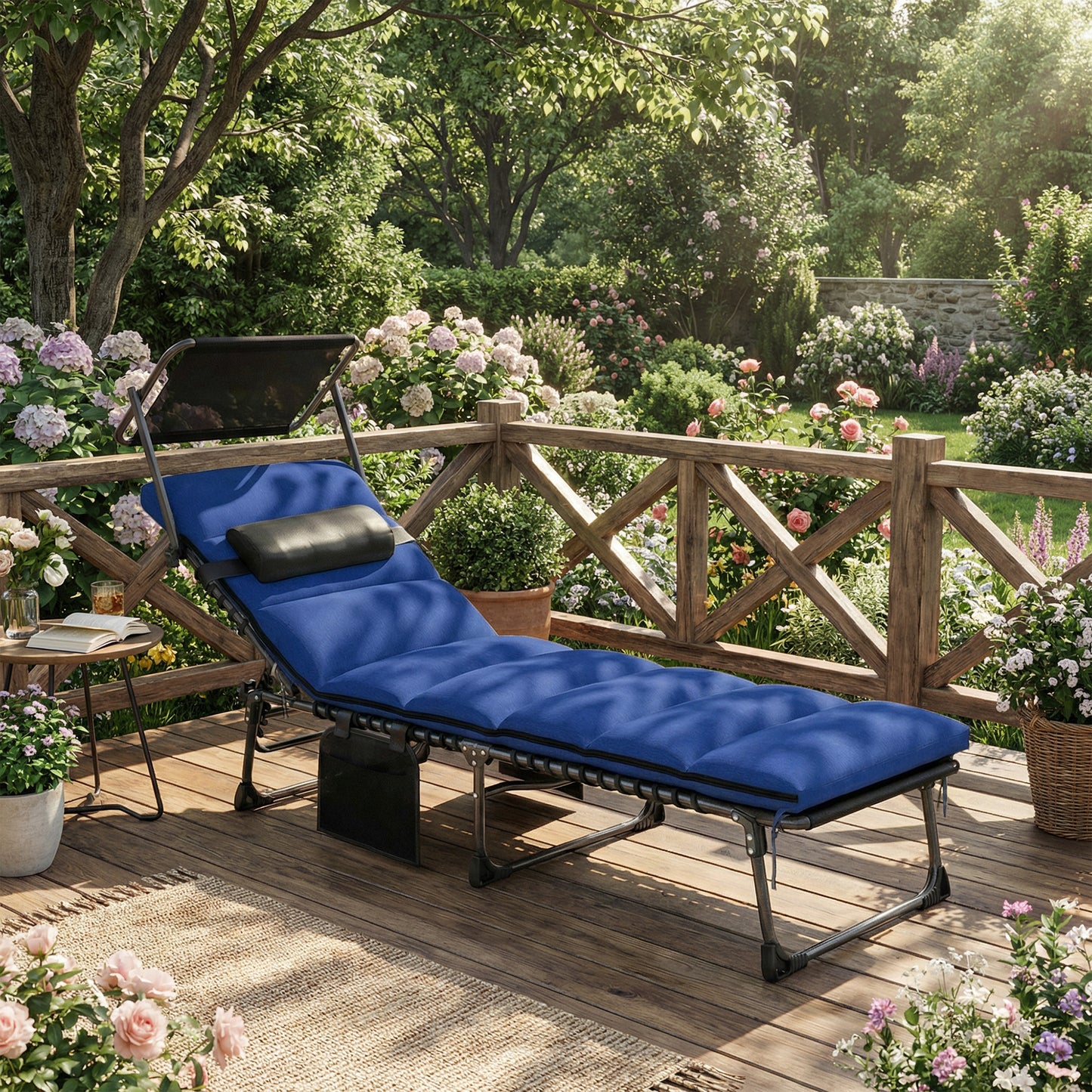 Folding Sun Lounger, Sunbed with Canopy, Dark Blue