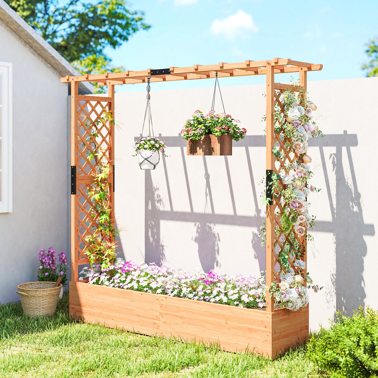 Raised Bed for Garden with Trellis, 196 x 44 x 181 cm, Natural