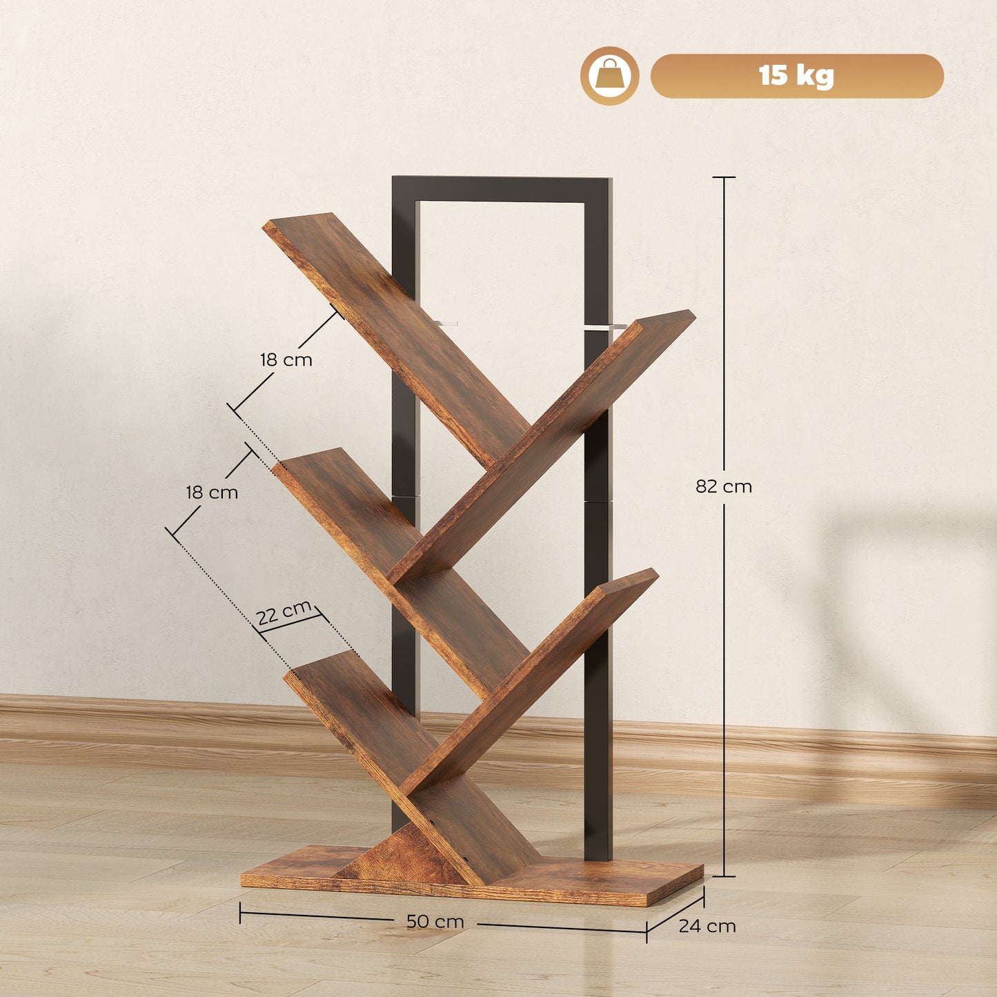 5-Tier Tree Bookshelf with Steel Frame for Living Room, Rustic Brown