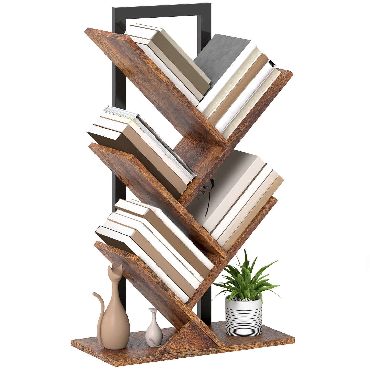 5-Tier Tree Bookshelf with Steel Frame for Living Room, Rustic Brown