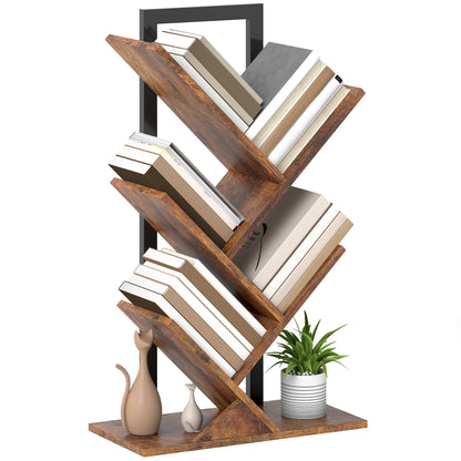 5-Tier Tree Bookshelf with Steel Frame for Living Room, Rustic Brown