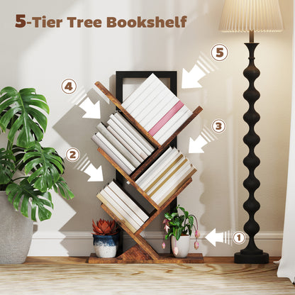 5-Tier Tree Bookshelf with Steel Frame for Living Room, Rustic Brown