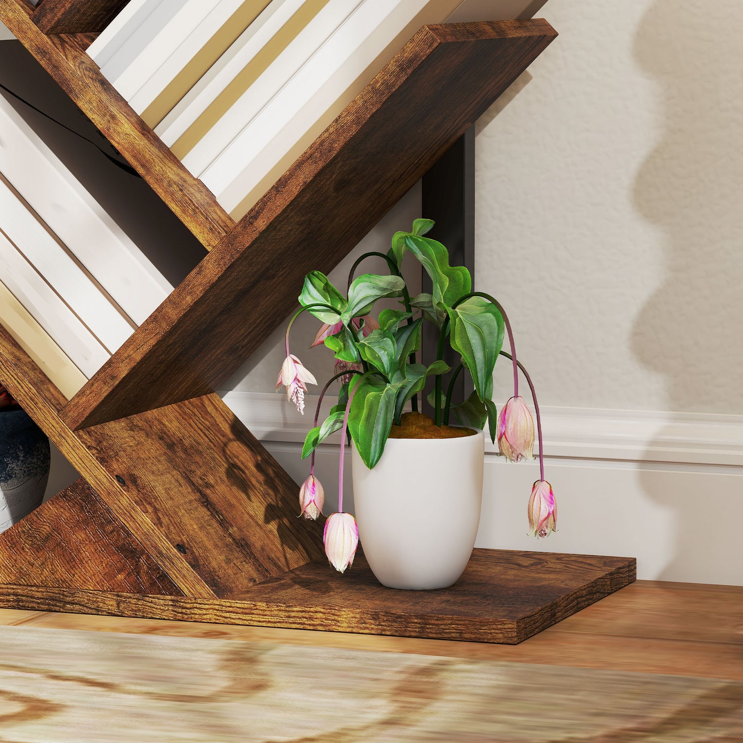 5-Tier Tree Bookshelf with Steel Frame for Living Room, Rustic Brown