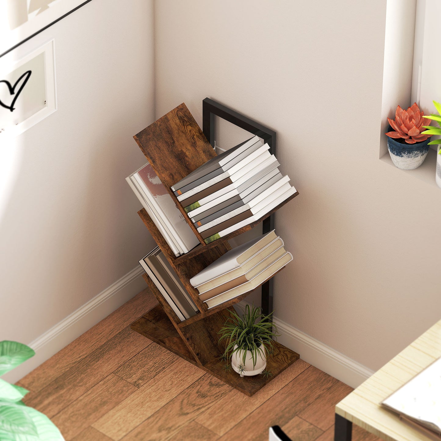 5-Tier Tree Bookshelf with Steel Frame for Living Room, Rustic Brown