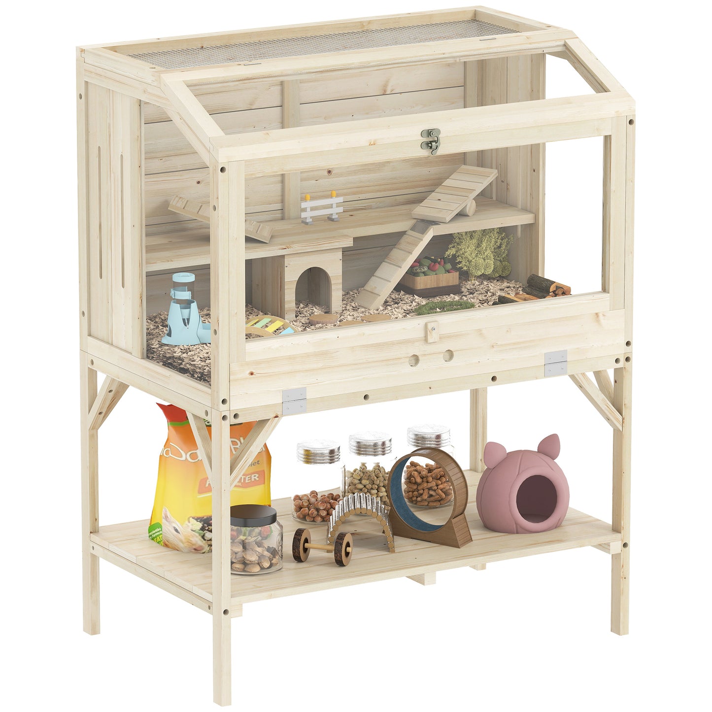 Wooden Hamster Cage, 2 Tier Hamster Habitat with Storage Shelf