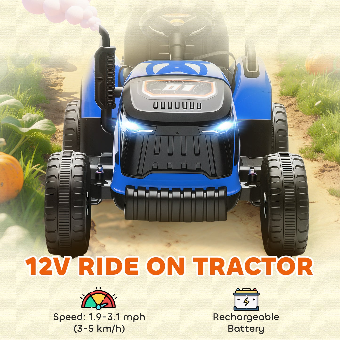 Ride on Tractor and Trailer, 12V Electric Ride on Tractor, Blue
