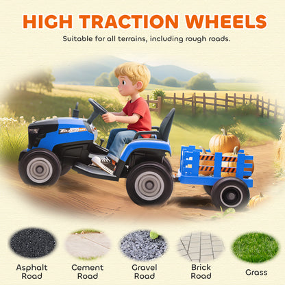 Ride on Tractor and Trailer, 12V Electric Ride on Tractor, Blue
