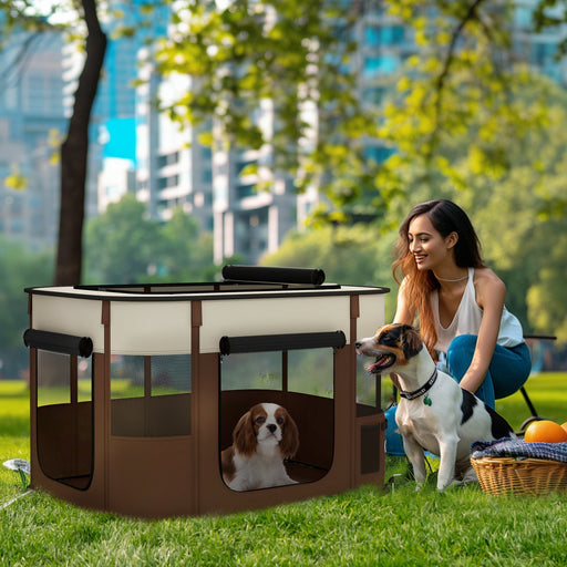 Portable Dog Pen for Puppies, Rabbits, Kittens, Guinea Pigs - Brown